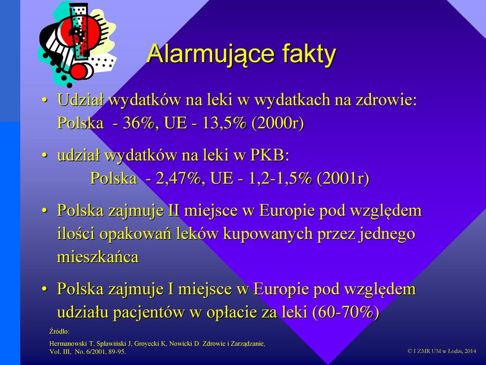 jednego mieszkańca Polska zajmuje I miejsce w Europie pod względem udziału pacjentów w opłacie za leki (60-70%) Źródło: