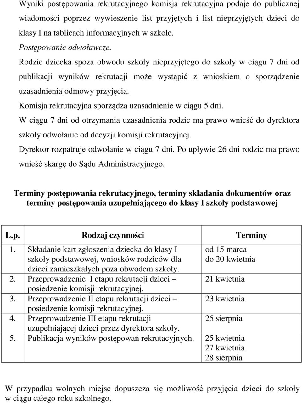 Rodzic dziecka spoza obwodu szkoły nieprzyjętego do szkoły w ciągu 7 dni od publikacji wyników rekrutacji może wystąpić z wnioskiem o sporządzenie uzasadnienia odmowy przyjęcia.