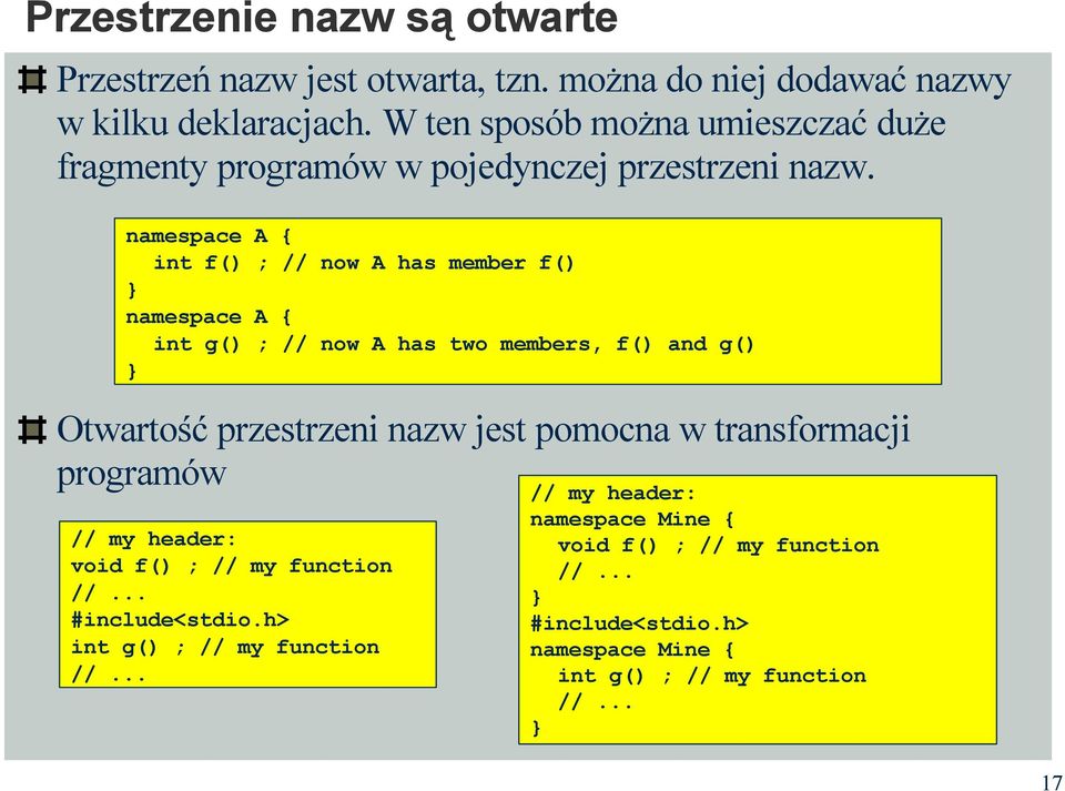 namespace A int f() ; // now A has member f() namespace A int g() ; // now A has two members, f() and g() Otwartość przestrzeni nazw jest