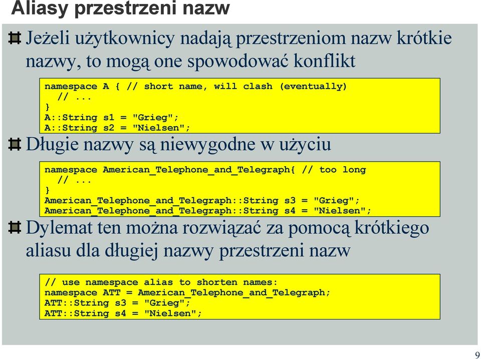 American_Telephone_and_Telegraph::String s3 = "Grieg"; American_Telephone_and_Telegraph::String s4 = "Nielsen"; Dylemat ten można rozwiązać za pomocą krótkiego