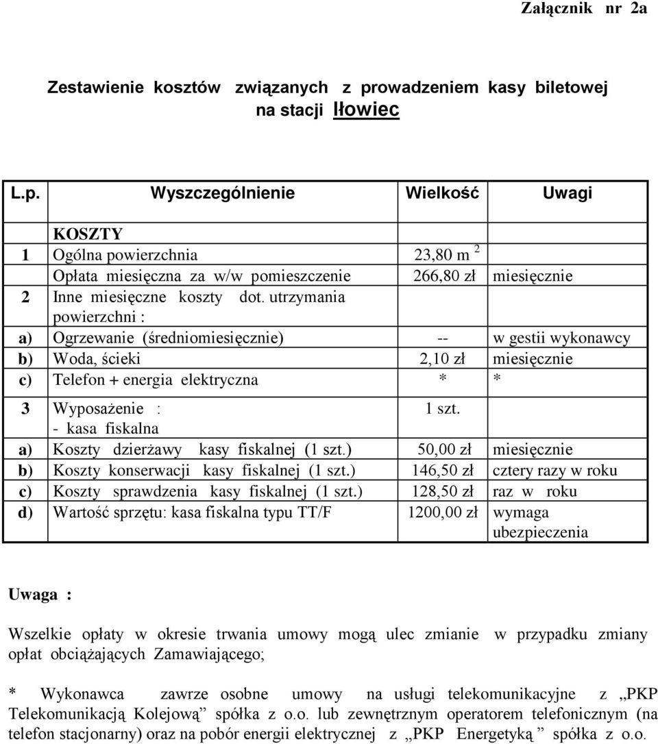 miesięcznie b) Koszty konserwacji kasy fiskalnej () 146,50 zł cztery razy w roku c) Koszty sprawdzenia kasy