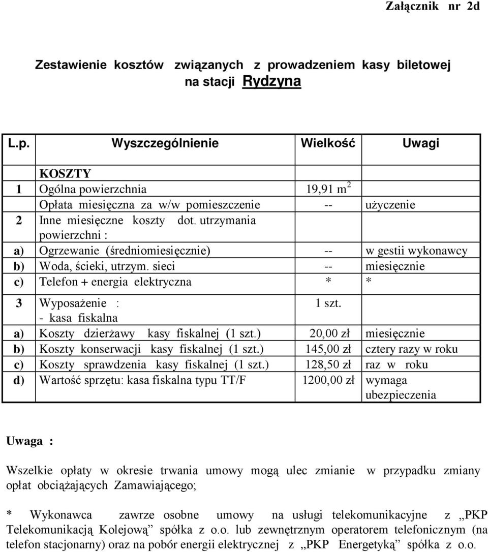 sieci -- miesięcznie a) Koszty dzierŝawy kasy fiskalnej () 20,00 zł miesięcznie b) Koszty konserwacji kasy