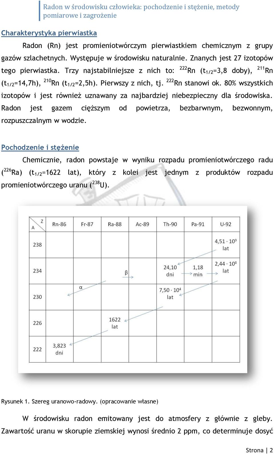 80% wszystkich izotopów i jest również uznawany za najbardziej niebezpieczny dla środowiska. Radon jest gazem cięższym od powietrza, bezbarwnym, bezwonnym, rozpuszczalnym w wodzie.