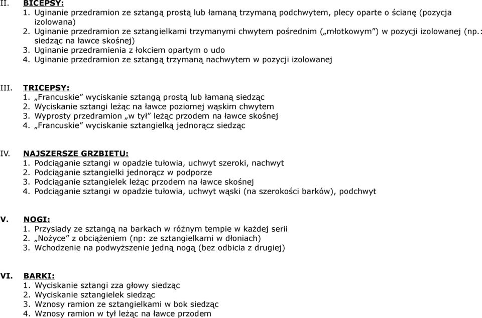 Uginanie przedramion ze sztangą trzymaną nachwytem w pozycji izolowanej III. TRICEPSY: 1. Francuskie wyciskanie sztangą prostą lub łamaną siedząc 2.