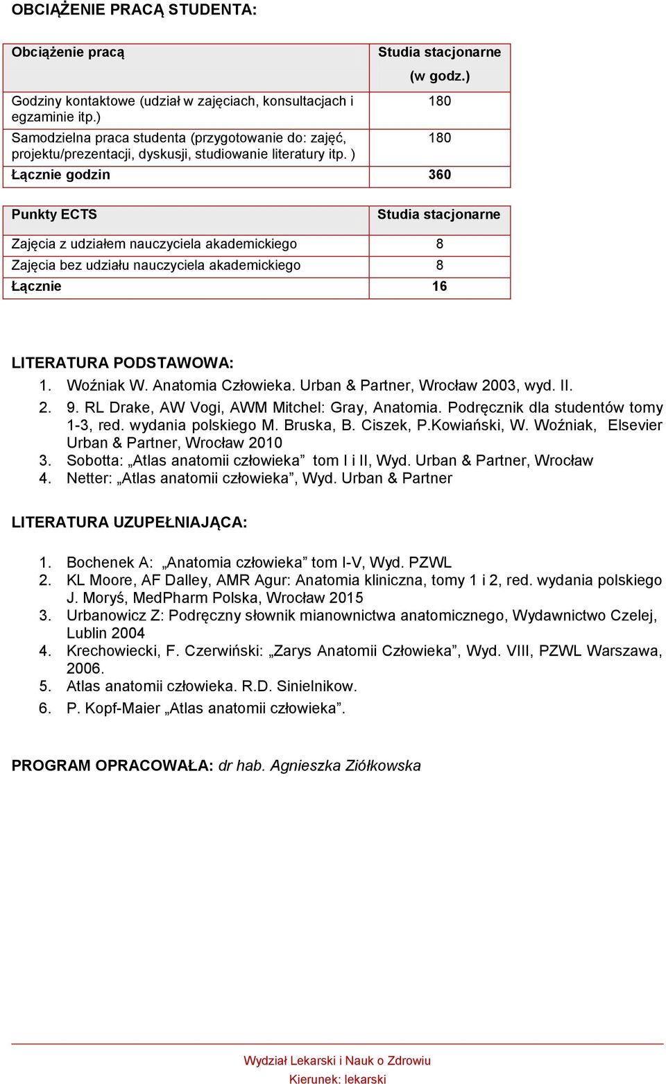 ) 180 180 Łącznie godzin 360 Punkty ECTS Zajęcia z udziałem nauczyciela akademickiego 8 Zajęcia bez udziału nauczyciela akademickiego 8 Łącznie 16 LITERATURA PODSTAWOWA: 1. Woźniak W.