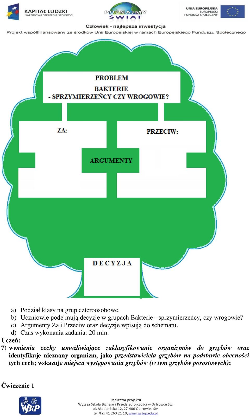 c) Argumenty Za i Przeciw oraz decyzje wpisują do schematu. d) Czas wykonania zadania: 20 min.