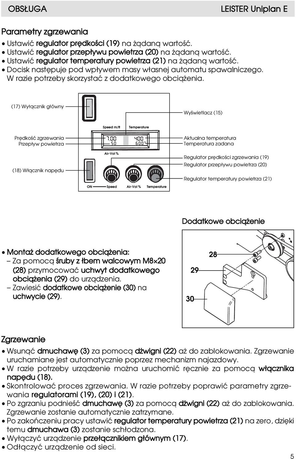 (17) Wy åcznik g ówny Wyƒwietlacz (15) Speed m/ft Temperature Pr dkoƒç zgrzewania Przep yw powietrza Aktualna temperatura Temperatura zadana (18) W åcznik nap du Air-Vol % ON Speed Air-Vol %