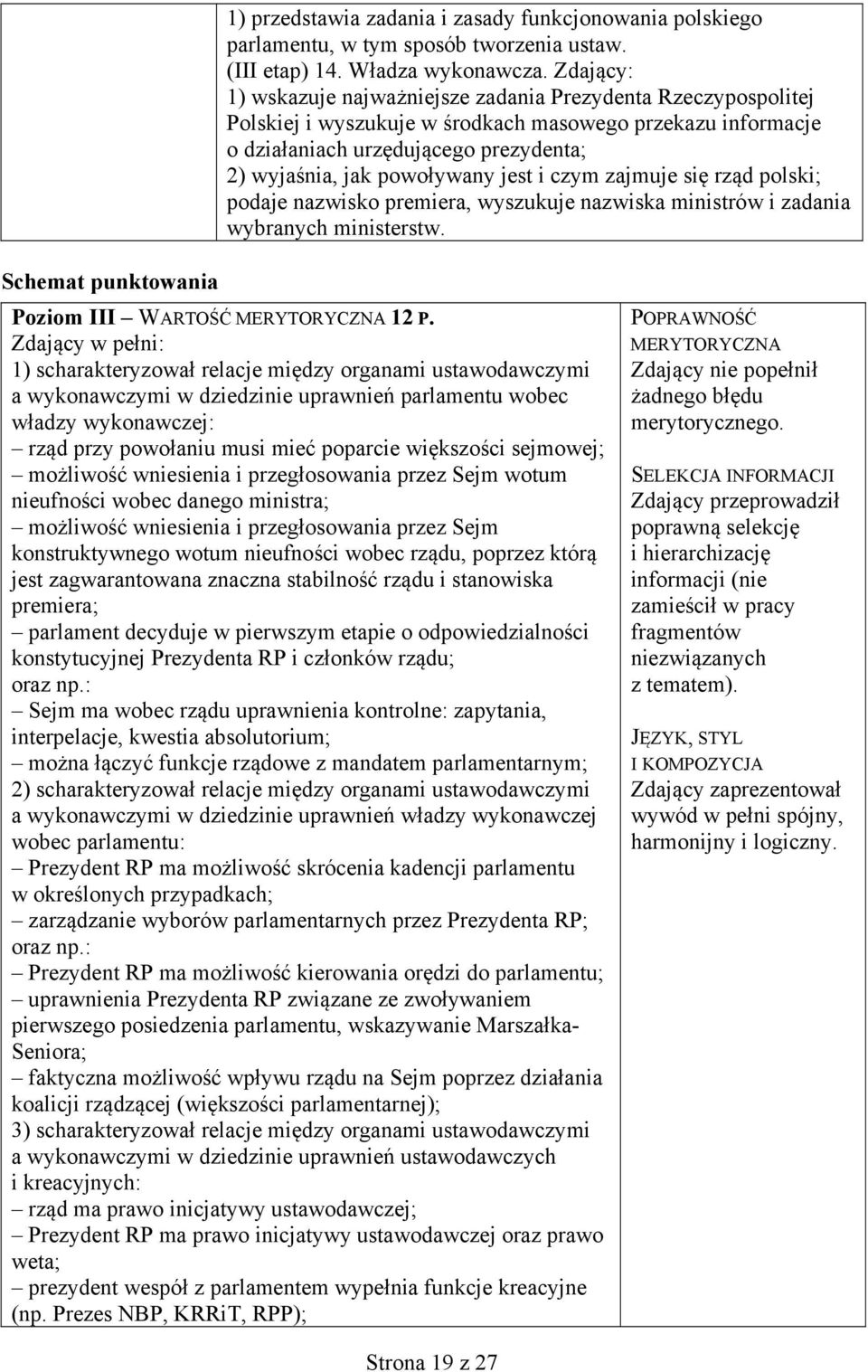 jest i czym zajmuje się rząd polski; podaje nazwisko premiera, wyszukuje nazwiska ministrów i zadania wybranych ministerstw. Poziom III WARTOŚĆ MERYTORYCZNA 12 P.