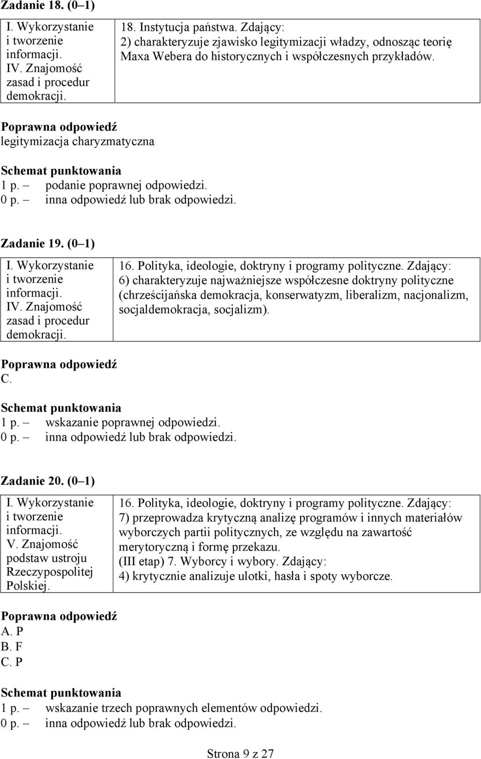 Zdający: 6) charakteryzuje najważniejsze współczesne doktryny polityczne (chrześcijańska demokracja, konserwatyzm, liberalizm, nacjonalizm, socjaldemokracja, socjalizm). C. 1 p.