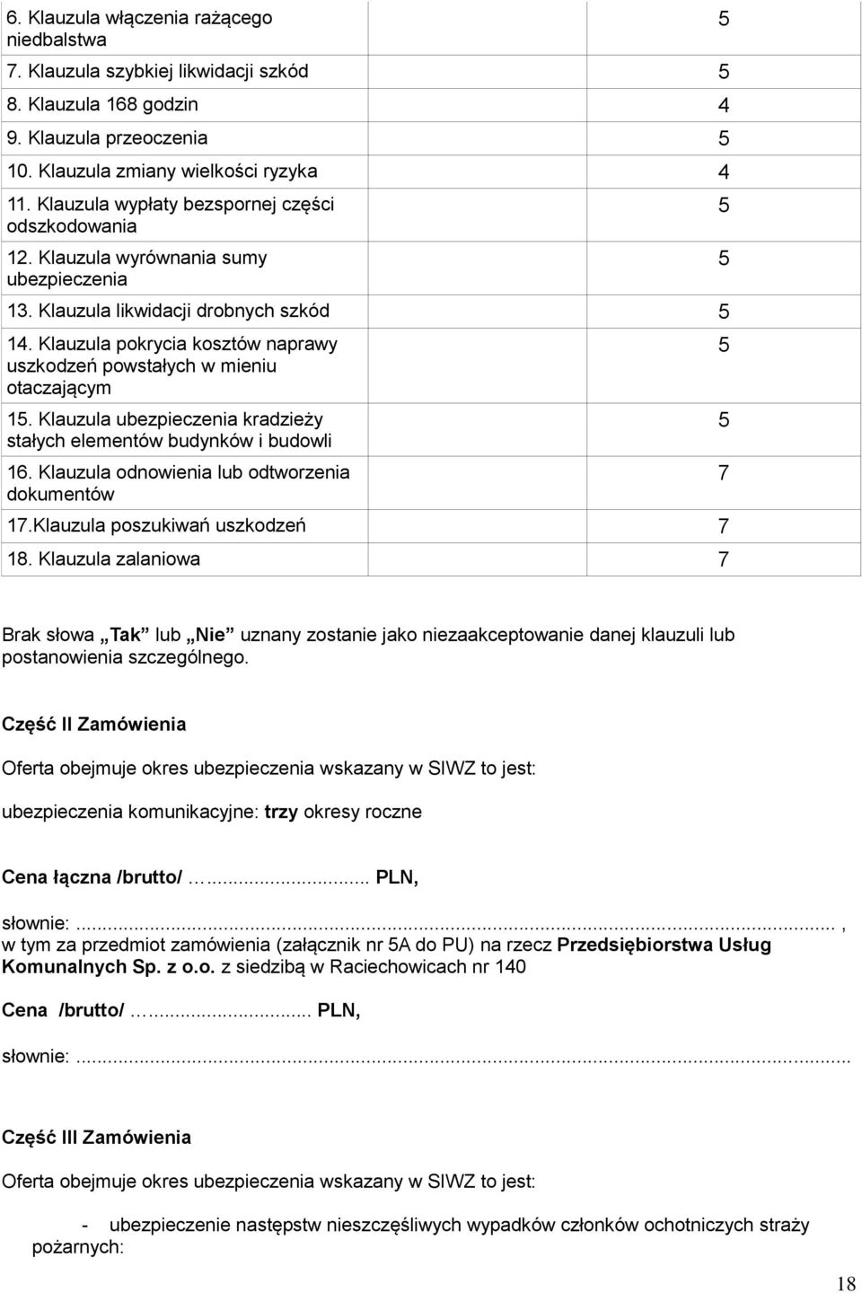 Klauzula pokrycia kosztów naprawy uszkodzeń powstałych w mieniu otaczającym 15. Klauzula ubezpieczenia kradzieży stałych elementów budynków i budowli 16.