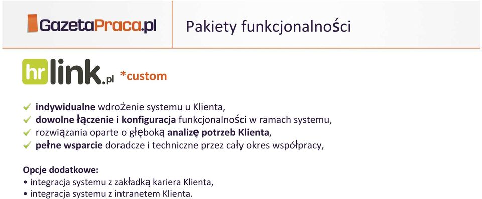 potrzeb Klienta, pełne wsparcie doradcze i techniczne przez cały okres współpracy, Opcje