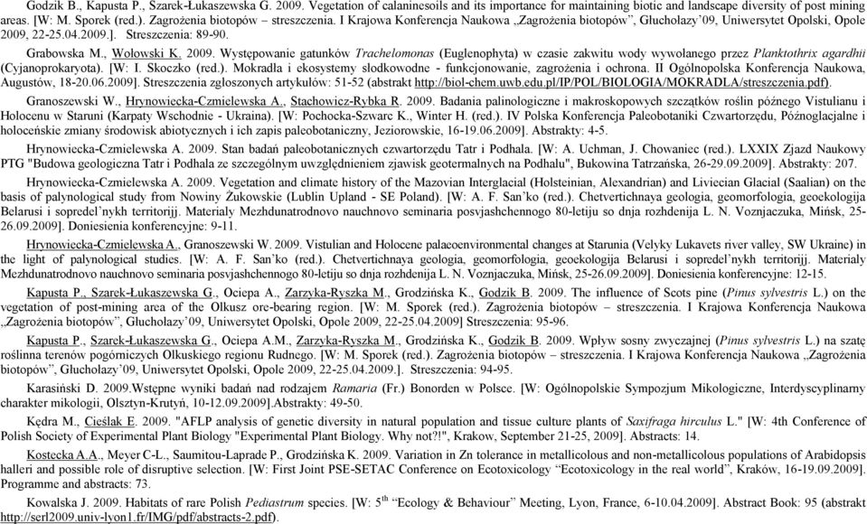 2009. Występowanie gatunków Trachelomonas (Euglenophyta) w czasie zakwitu wody wywołanego przez Planktothrix agardhii (Cyjanoprokaryota). [W: I. Skoczko (red.). Mokradła i ekosystemy słodkowodne - funkcjonowanie, zagrożenia i ochrona.