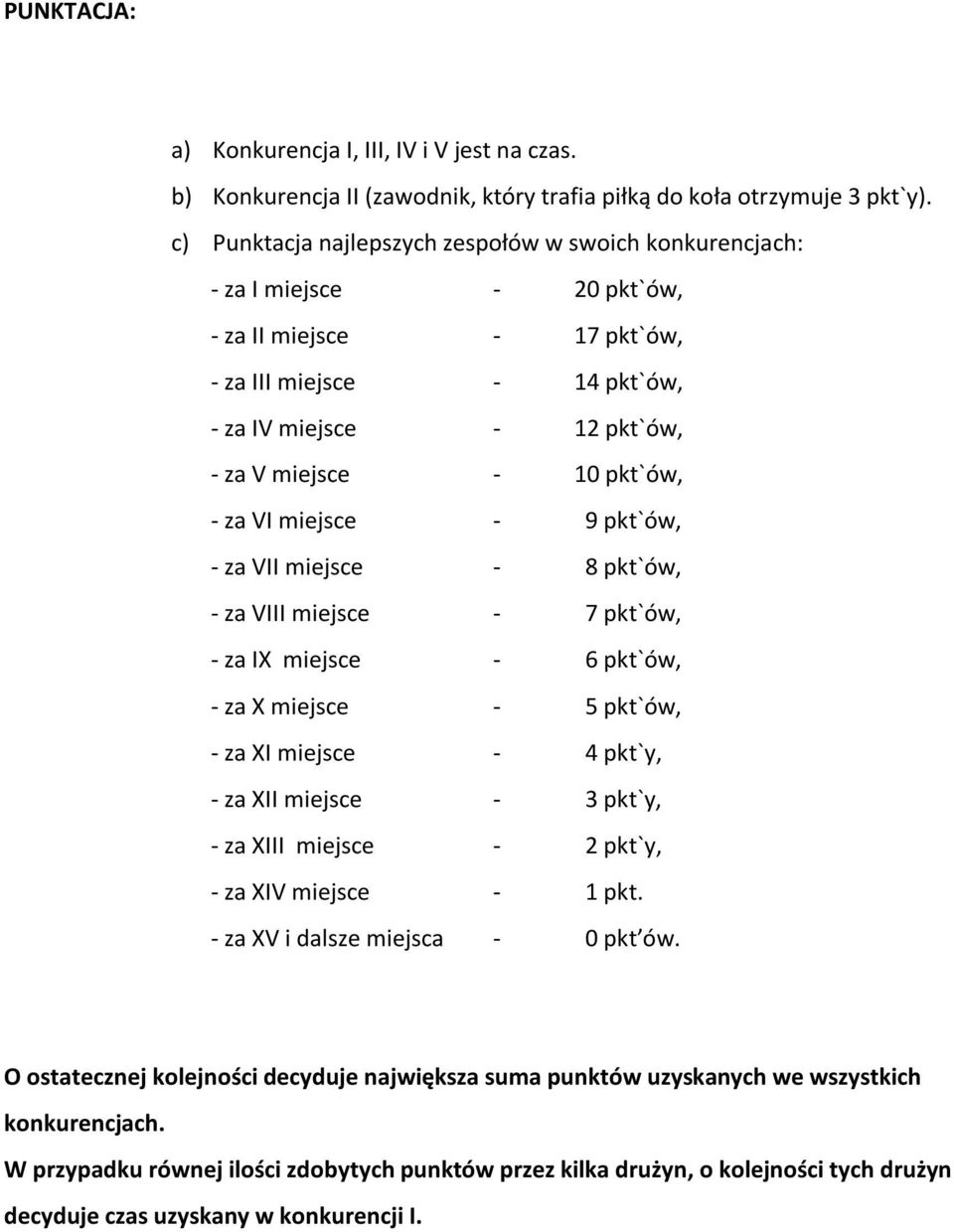 pkt`ów, - za VI miejsce - 9 pkt`ów, - za VII miejsce - 8 pkt`ów, - za VIII miejsce - 7 pkt`ów, - za IX miejsce - 6 pkt`ów, - za X miejsce - 5 pkt`ów, - za XI miejsce - 4 pkt`y, - za XII miejsce - 3