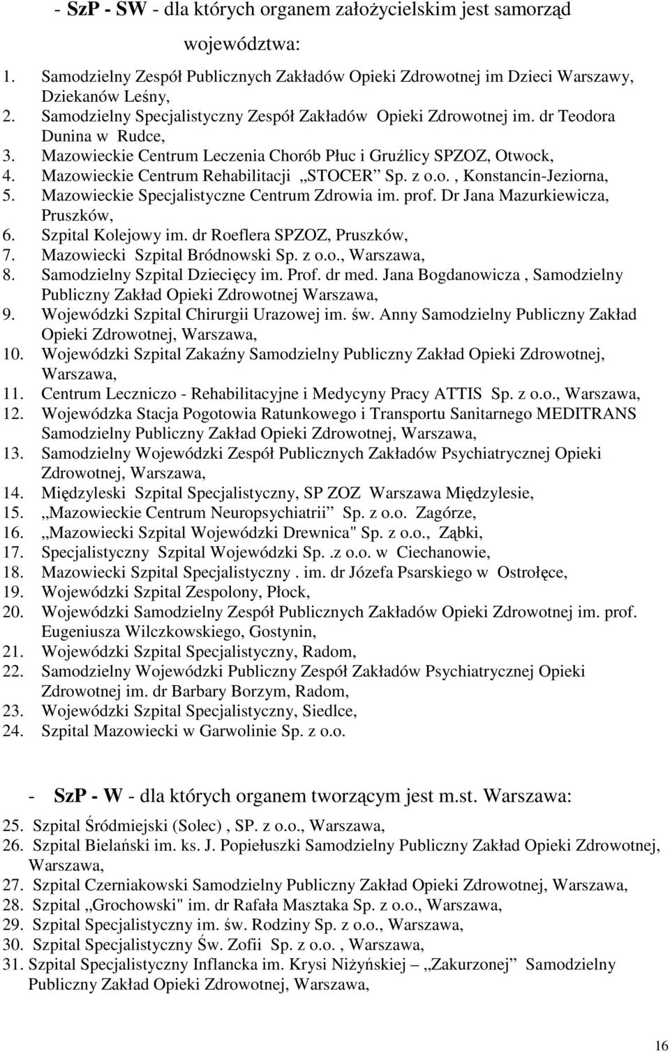 Mazowieckie Centrum Rehabilitacji STOCER Sp. z o.o., Konstancin-Jeziorna, 5. Mazowieckie Specjalistyczne Centrum Zdrowia im. prof. Dr Jana Mazurkiewicza, Pruszków, 6. Szpital Kolejowy im.