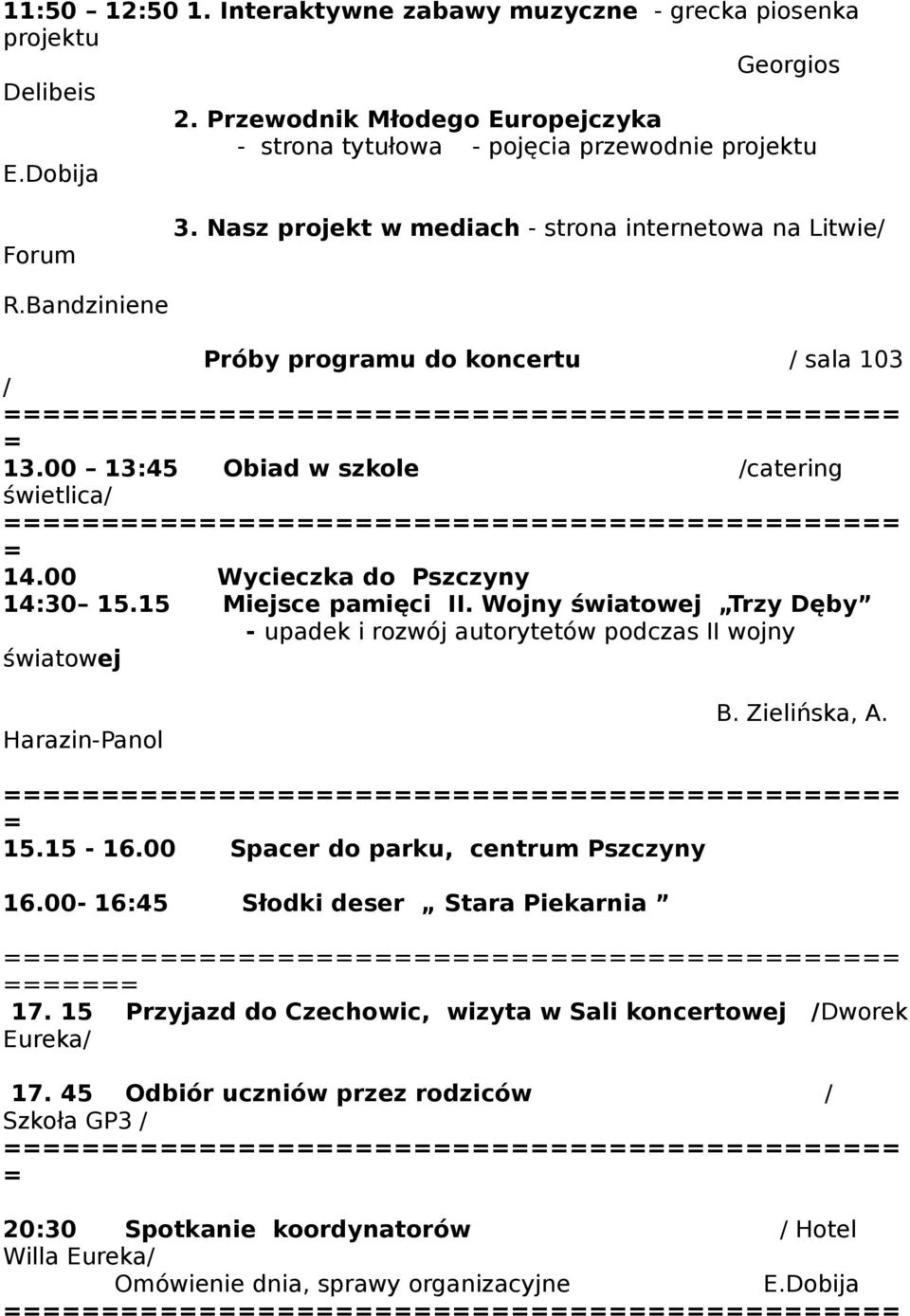 15 Miejsce pamięci II. Wojny światowej Trzy Dęby - upadek i rozwój autorytetów podczas II wojny światowej Harazin-Panol B. Zielińska, A. 15.15-16.00 Spacer do parku, centrum Pszczyny 16.