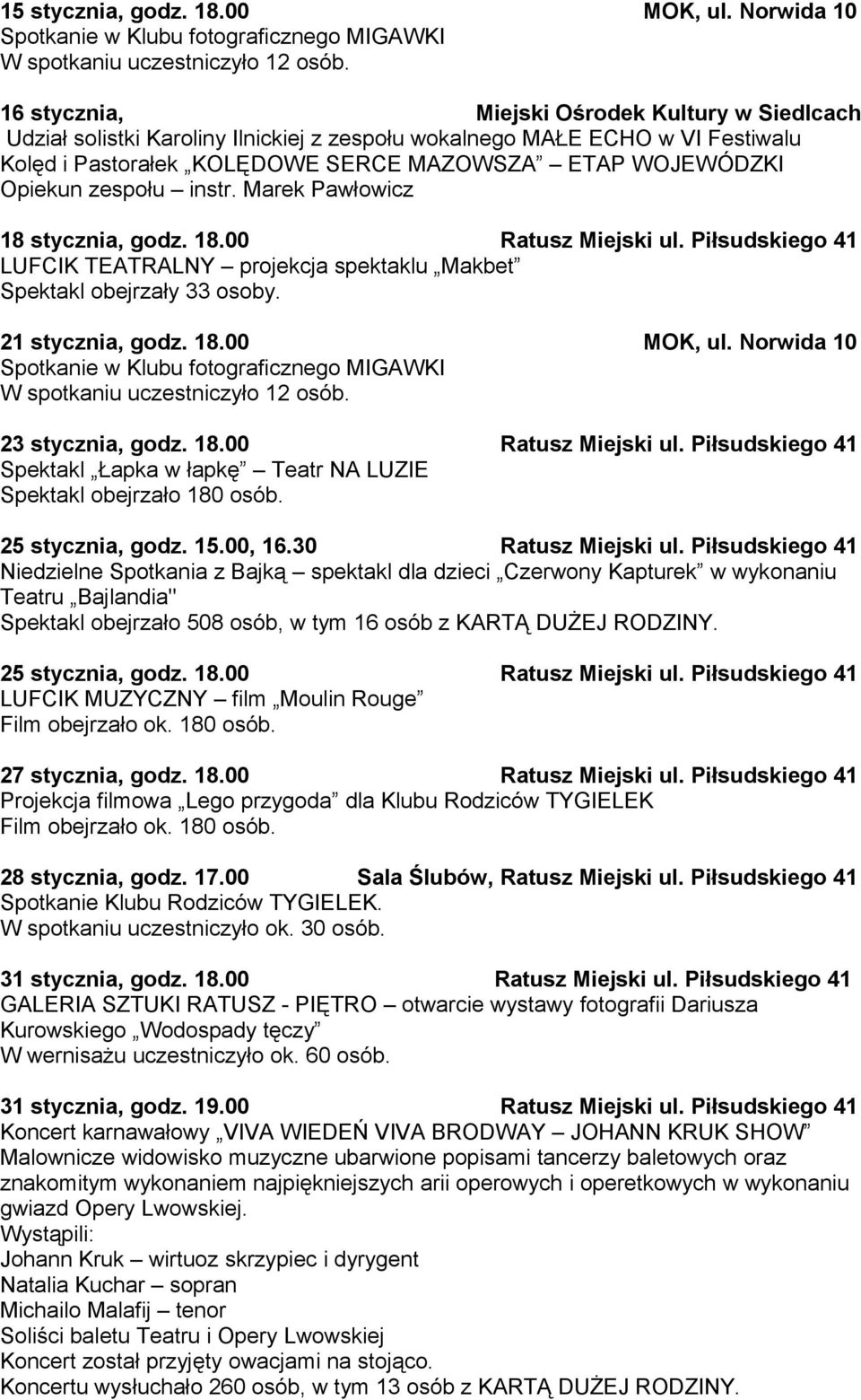 zespołu instr. Marek Pawłowicz 18 stycznia, godz. 18.00 Ratusz Miejski ul. Piłsudskiego 41 LUFCIK TEATRALNY projekcja spektaklu Makbet Spektakl obejrzały 33 osoby. 21 stycznia, godz. 18.00 MOK, ul.