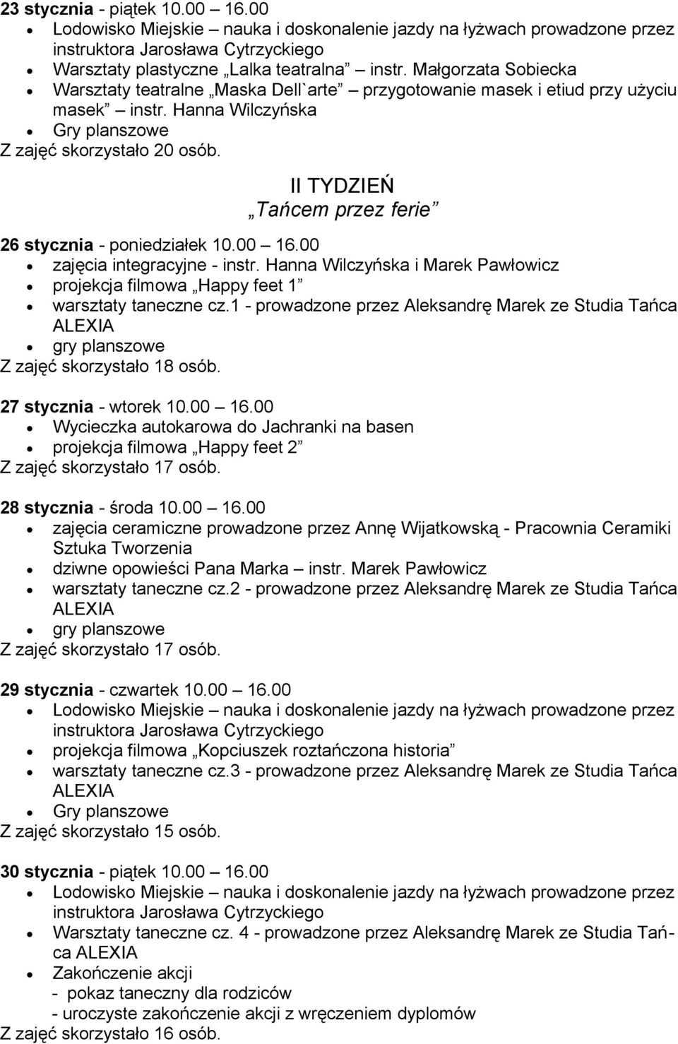 II TYDZIEŃ Tańcem przez ferie 26 stycznia - poniedziałek 10.00 16.00 zajęcia integracyjne - instr. Hanna Wilczyńska i Marek Pawłowicz projekcja filmowa Happy feet 1 warsztaty taneczne cz.