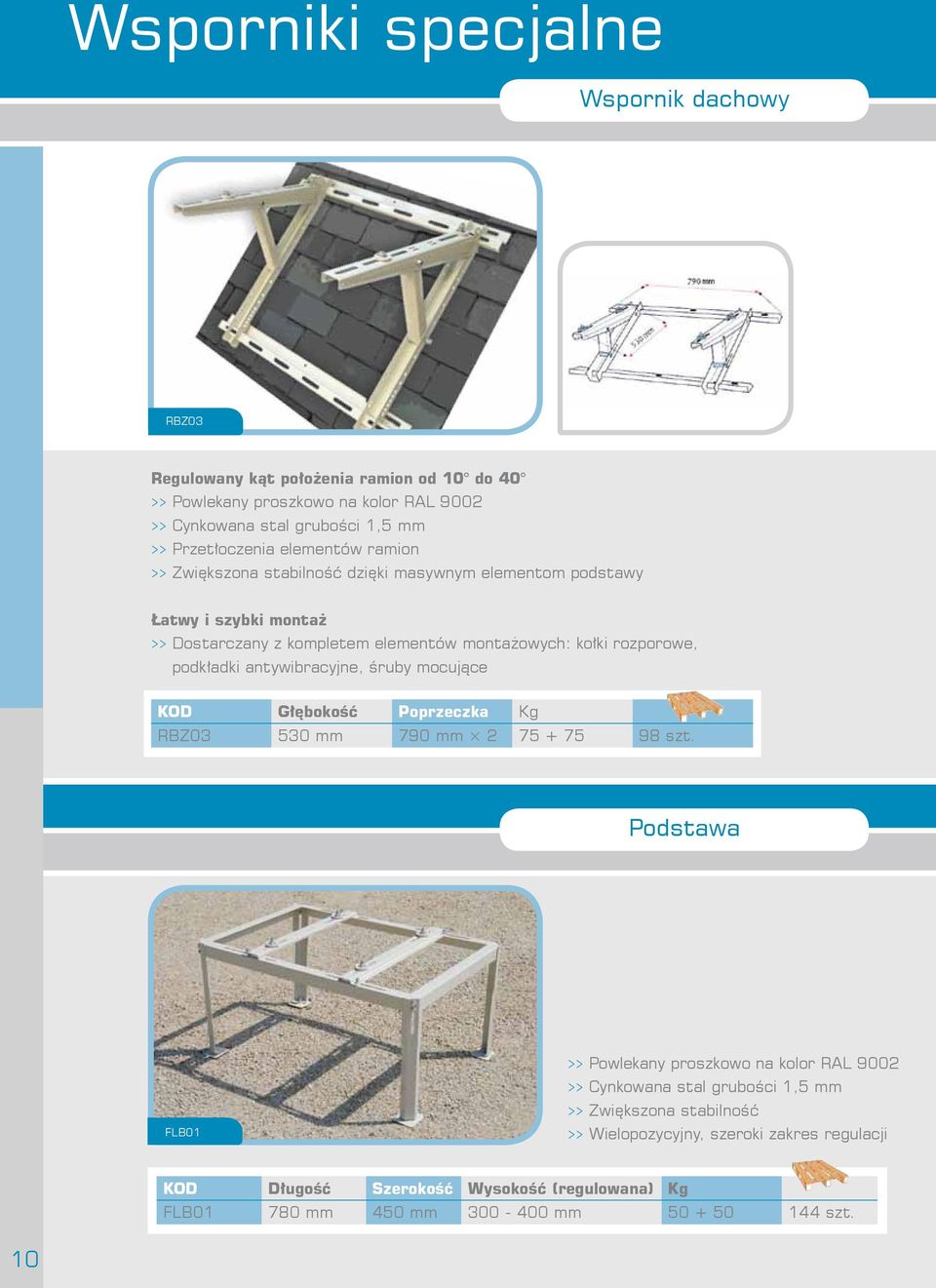 rozporowe, podkładki antywibracyjne, śruby mocujące Głębokość Poprzeczka Kg RBZ03 530 mm 790 mm 2 75 + 75 98 szt.