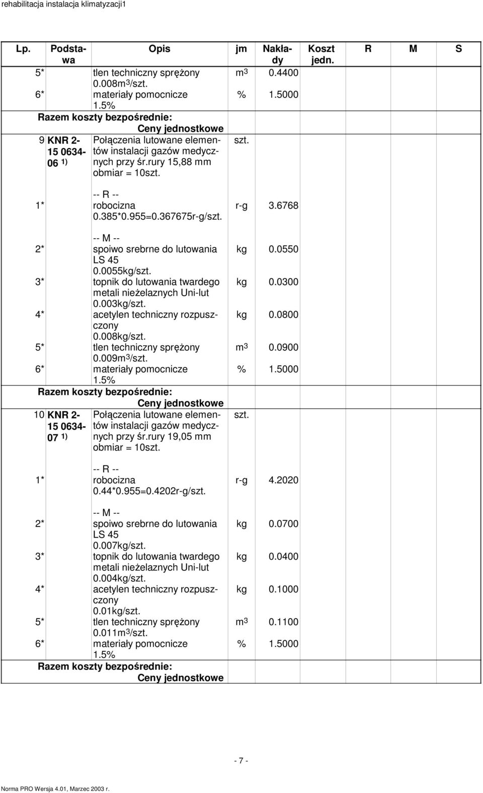 008kg/ 5* tlen techniczny sprężony 0.009 3 / 6* ateriały poocnicze 10 KNR 2-15 0634-07 1) Połączenia lutowane eleentów instalacji gazów edycznych przy śr.rury 19,05 obiar = 10 0.44*0.955=0.