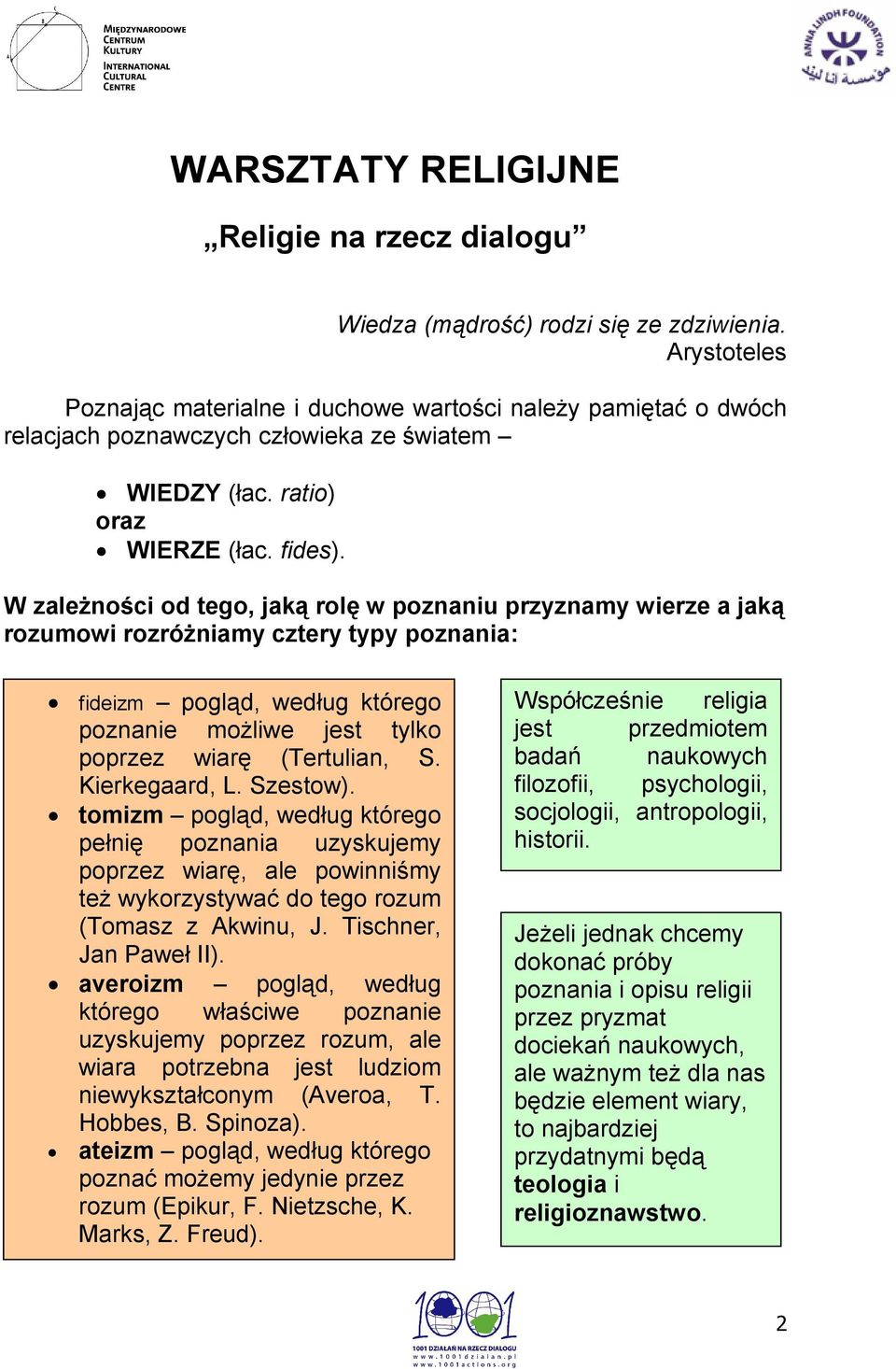 W zależności od tego, jaką rolę w poznaniu przyznamy wierze a jaką rozumowi rozróżniamy cztery typy poznania: fideizm pogląd, według którego poznanie możliwe jest tylko poprzez wiarę (Tertulian, S.