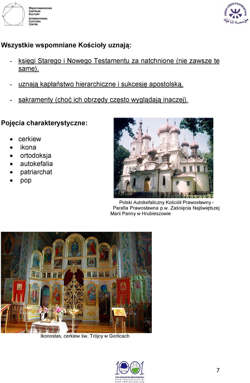 Pojęcia charakterystyczne: cerkiew ikona ortodoksja autokefalia patriarchat pop Polski Autokefaliczny Kościół
