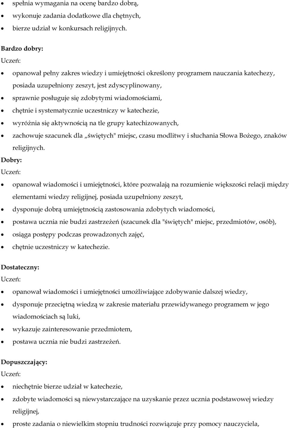 wiadomościami, chętnie i systematycznie uczestniczy w katechezie, wyróżnia się aktywnością na tle grupy katechizowanych, zachowuje szacunek dla świętych" miejsc, czasu modlitwy i słuchania Słowa