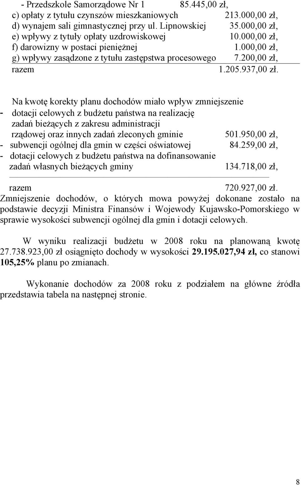 Na kwotę korekty planu dochodów miało wpływ zmniejszenie - dotacji celowych z budżetu państwa na realizację zadań bieżących z zakresu administracji rządowej oraz innych zadań zleconych gminie 501.