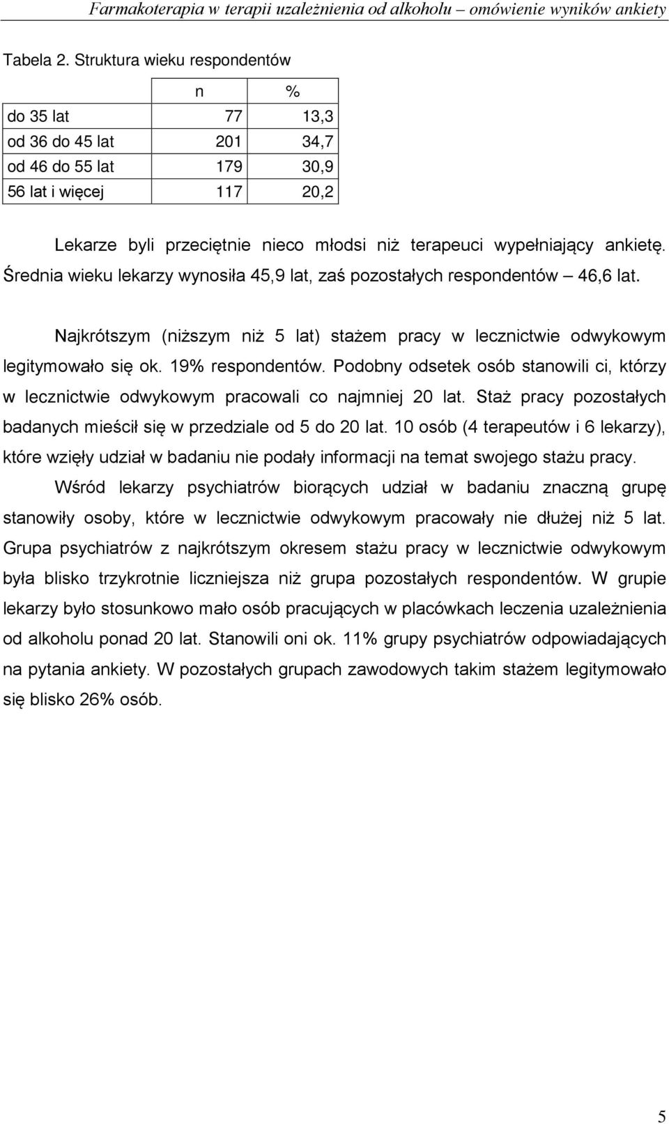 Średnia wieku lekarzy wynosiła 45,9 lat, zaś pozostałych respondentów 46,6 lat. Najkrótszym (niższym niż 5 lat) stażem pracy w lecznictwie odwykowym legitymowało się ok. 19% respondentów.