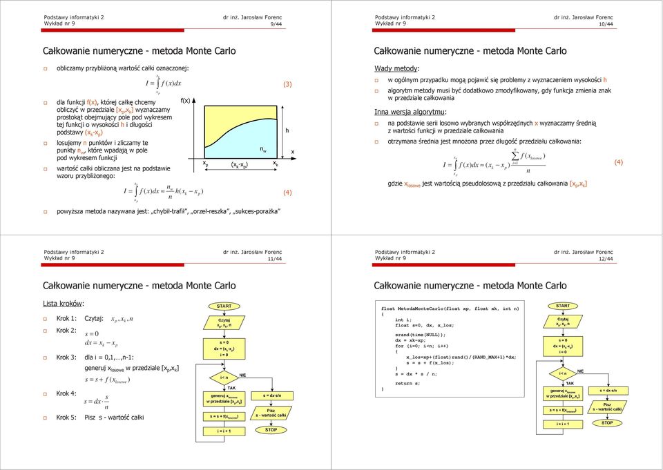 które wpadają w pole pod wykrese fukcji wartość całki obliczaa jest a podstawie wzoru przybliŝoego: x xk I = ) dx (3) x p k w I = ) dx h( xk x p ) (4) x p powyŝsza etoda azywaa jest: chybił-trafił,