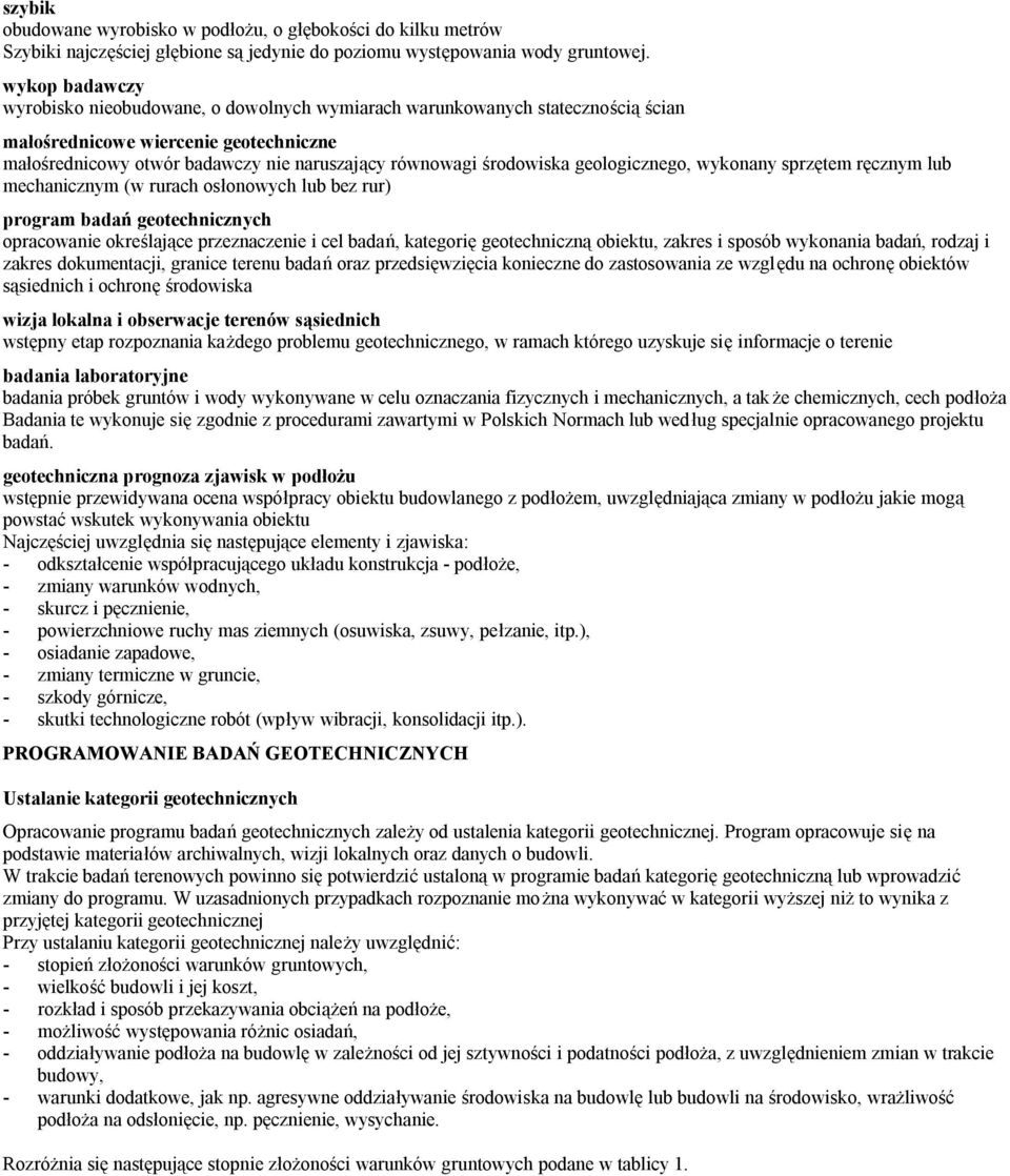 środowiska geologicznego, wykonany sprzętem ręcznym lub mechanicznym (w rurach osłonowych lub bez rur) program badań geotechnicznych opracowanie określające przeznaczenie i cel badań, kategorię