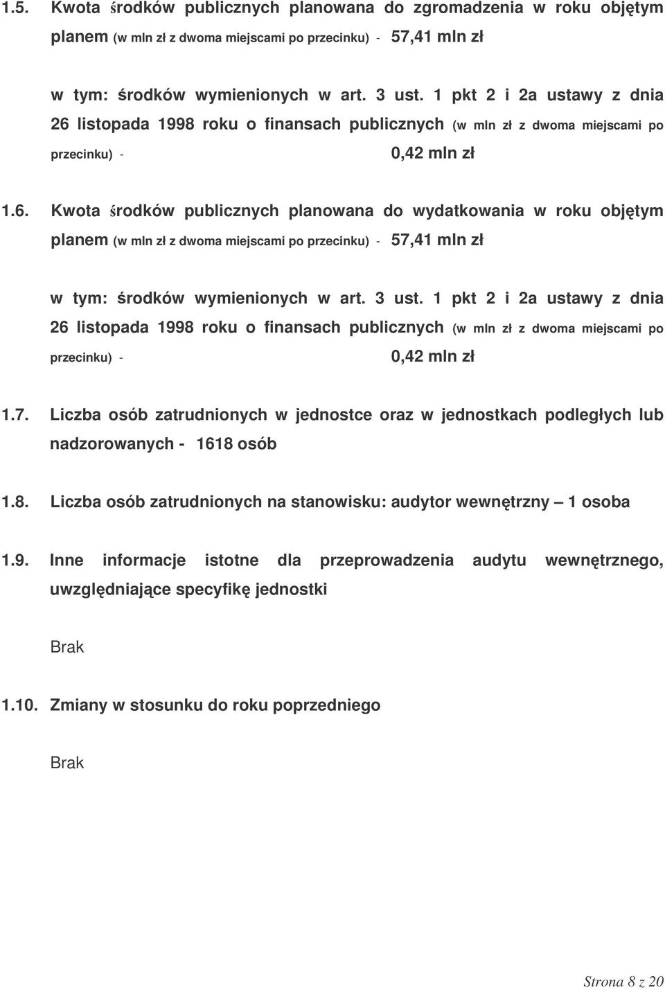 3 ust. 1 pkt 2 i 2a ustawy z dnia 26 listopada 1998 roku o finansach publicznych (w mln zł z dwoma miejscami po przecinku) - 0,42 mln zł 1.7.