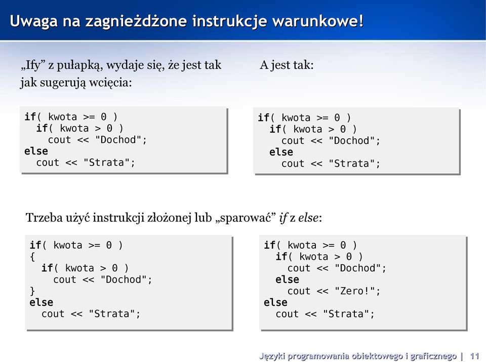 else cout << "Strata"; if( kwota >= 0 ) if( kwota > 0 ) cout << "Dochod"; else cout << "Strata"; Trzeba użyć instrukcji