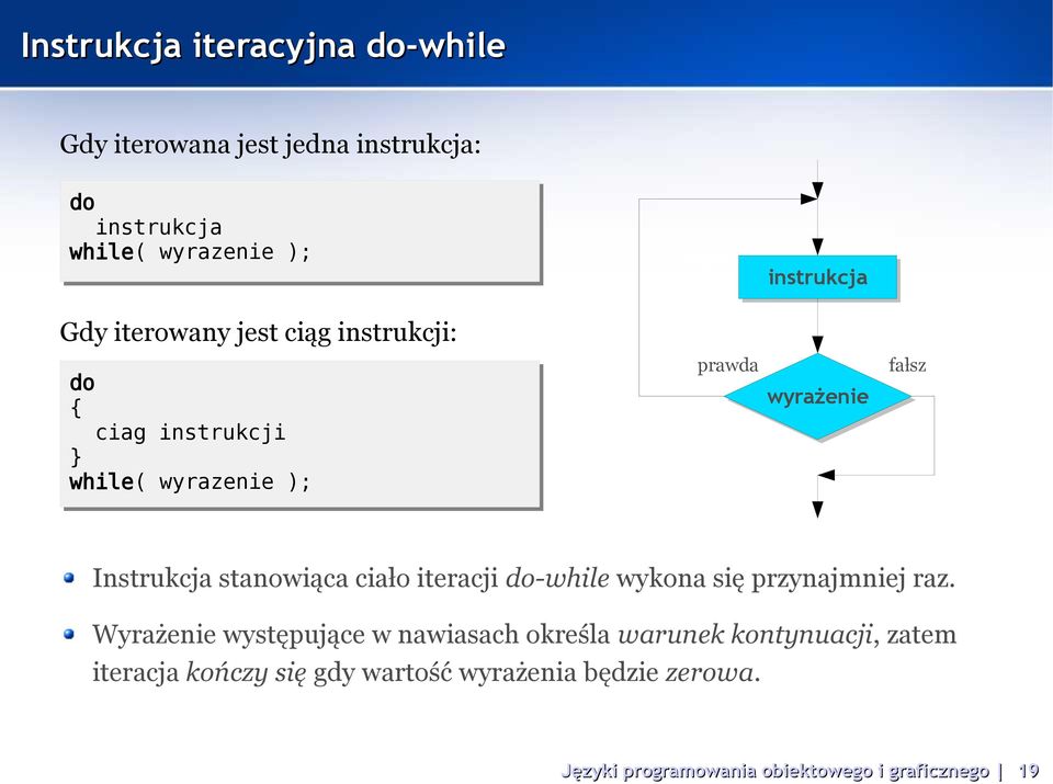 fałsz Instrukcja stanowiąca ciało iteracji do-while wykona się przynajmniej raz.