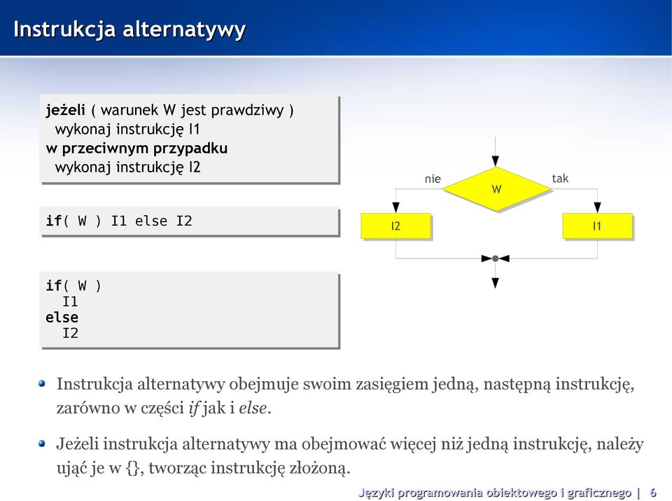 alternatywy obejmuje swoim zasięgiem jedną, następną instrukcję, zarówno w części if jak i else.