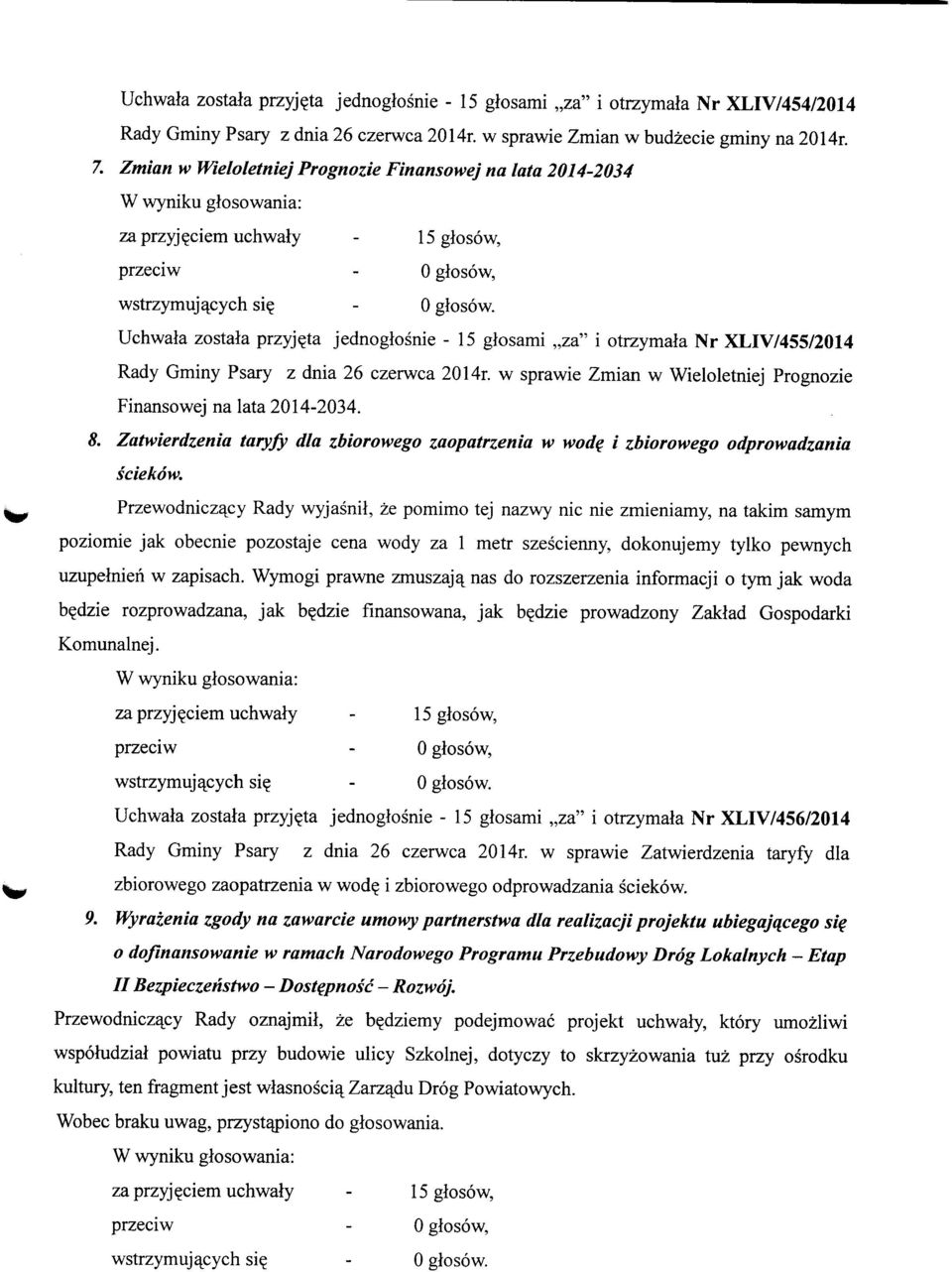 ta jednoglosnie - 15 glosami,,za" i otrzymala Nr XLIV/455/2014 Rady Gminy Psary z dnia 26 czerwca 2014r. w sprawie Zmian w Wieloletniej Prognozie Finansowej na lata 2014-2034. 8.