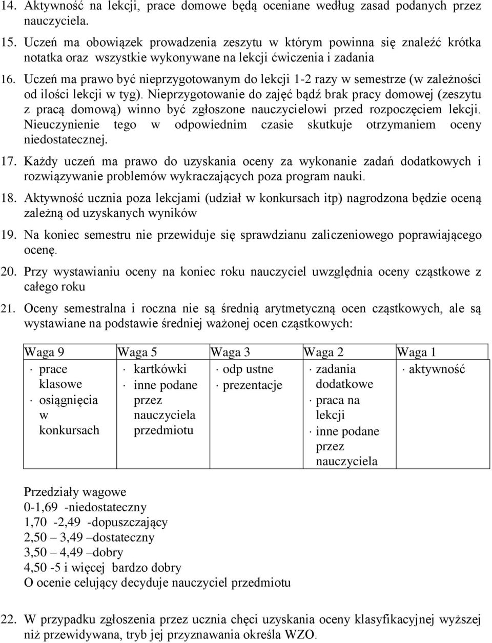 Uczeń ma prawo być nieprzygotowanym do lekcji 1-2 razy w semestrze (w zależności od ilości lekcji w tyg).