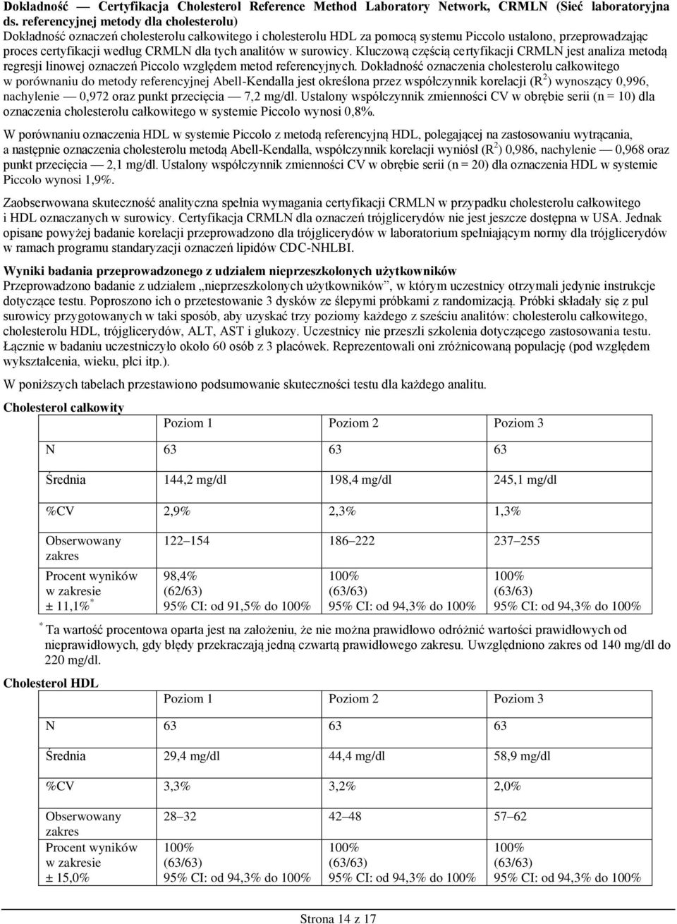 analitów w surowicy. Kluczową częścią certyfikacji CRMLN jest analiza metodą regresji linowej oznaczeń Piccolo względem metod referencyjnych.