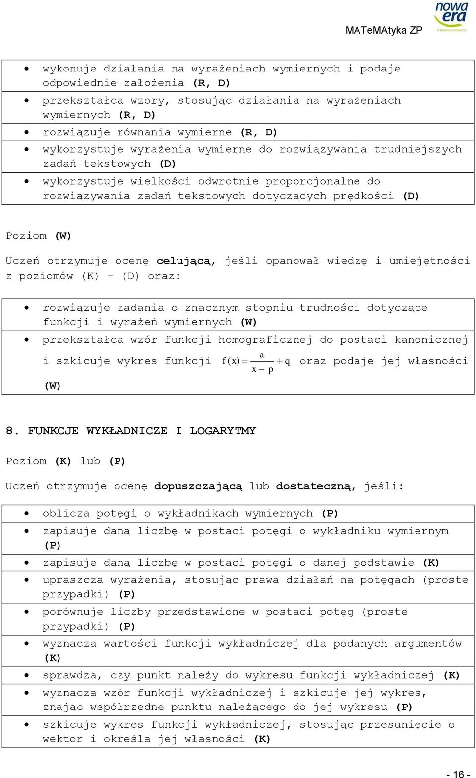 rozwiązuje zadania o znacznym stopniu trudności dotyczące funkcji i wyrażeń wymiernych (W) przekształca wzór funkcji homograficznej do postaci kanonicznej a i szkicuje wykres funkcji f ( x) q oraz