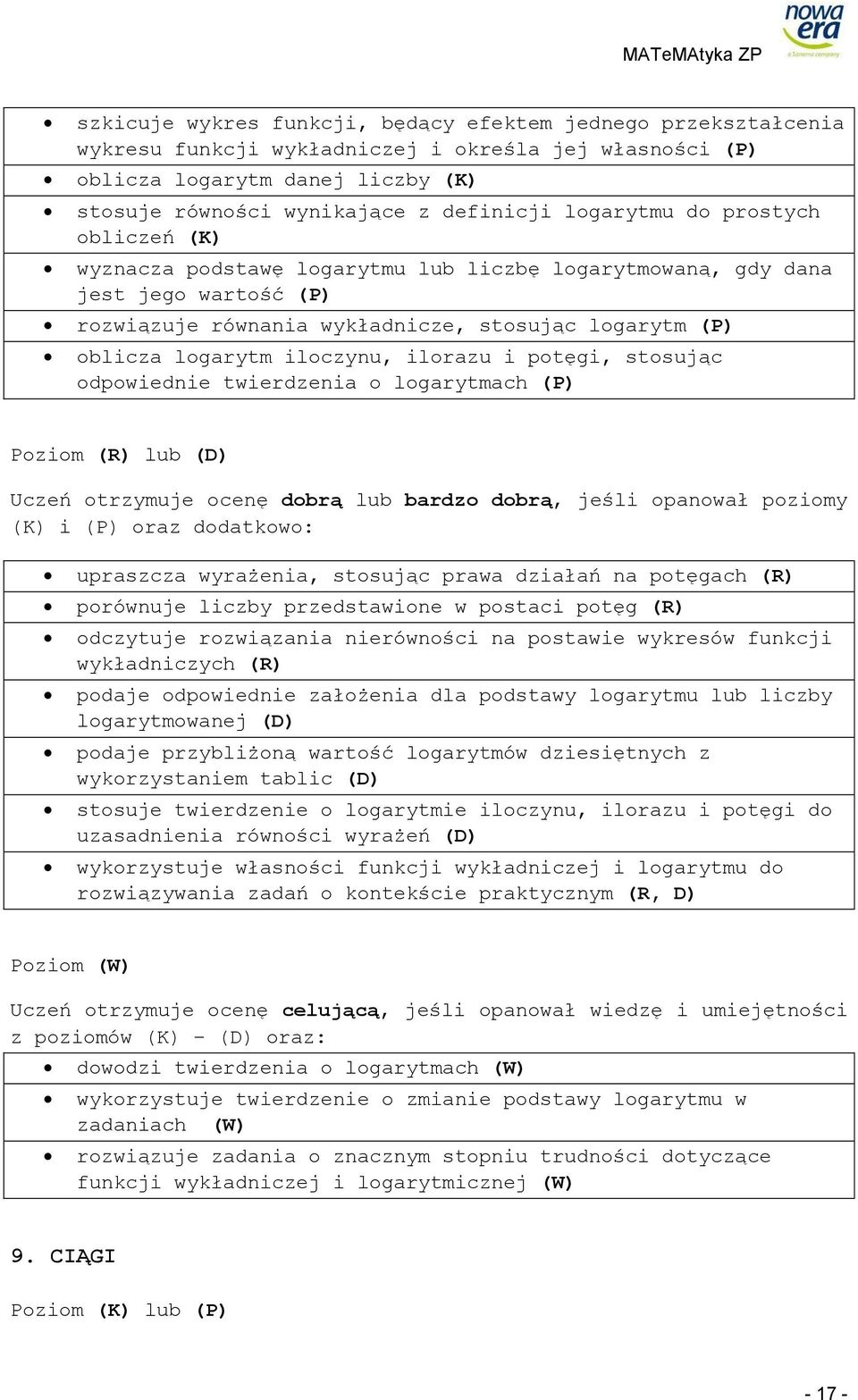 ilorazu i potęgi, stosując odpowiednie twierdzenia o logarytmach upraszcza wyrażenia, stosując prawa działań na potęgach (R) porównuje liczby przedstawione w postaci potęg (R) odczytuje rozwiązania