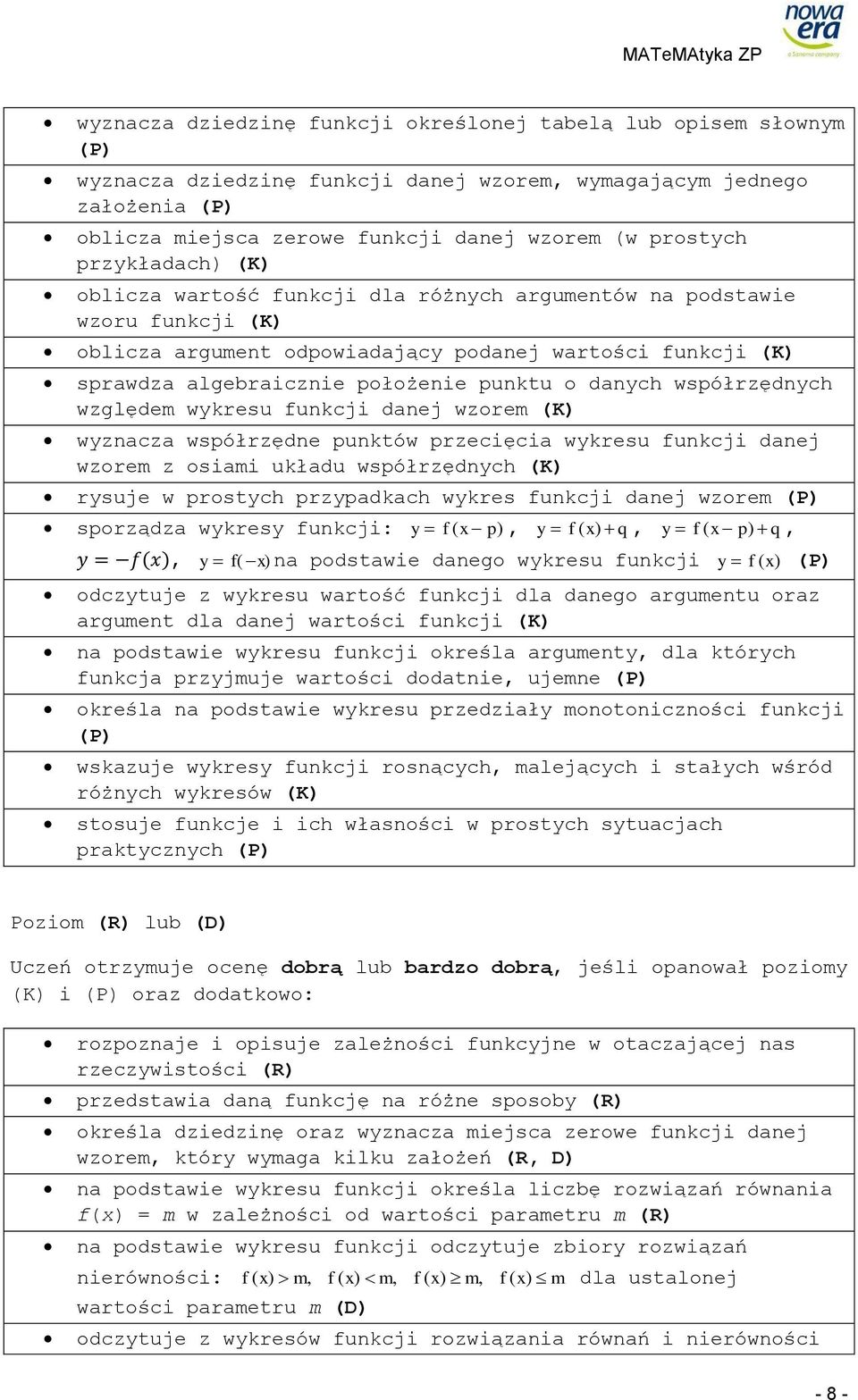 danych współrzędnych względem wykresu funkcji danej wzorem (K) wyznacza współrzędne punktów przecięcia wykresu funkcji danej wzorem z osiami układu współrzędnych (K) rysuje w prostych przypadkach