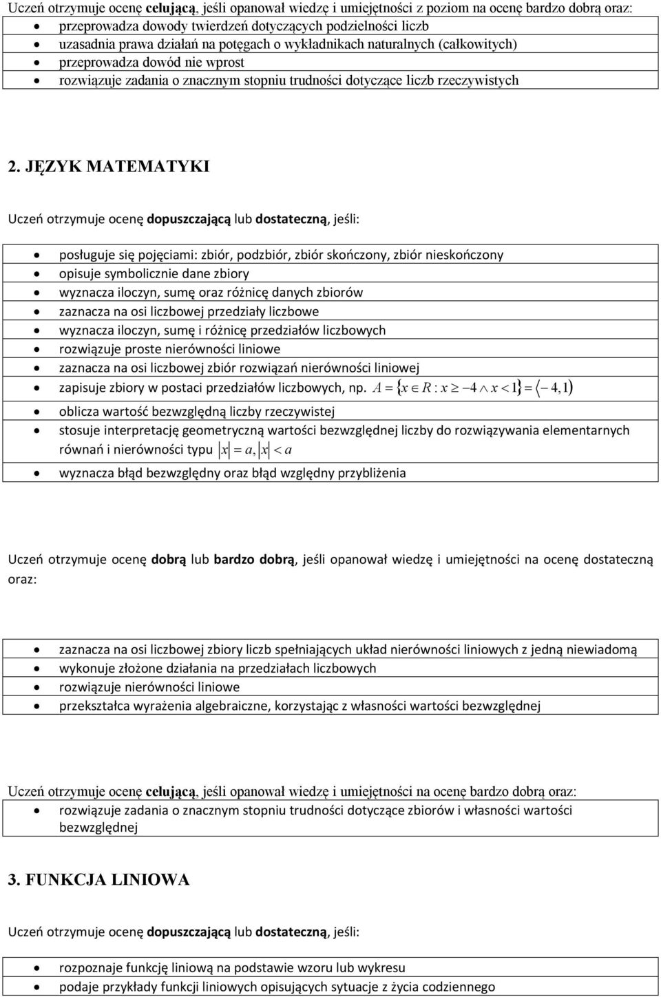 JĘZYK MATEMATYKI posługuje się pojęciami: zbiór, podzbiór, zbiór skończony, zbiór nieskończony opisuje symbolicznie dane zbiory wyznacza iloczyn, sumę oraz różnicę danych zbiorów zaznacza na osi