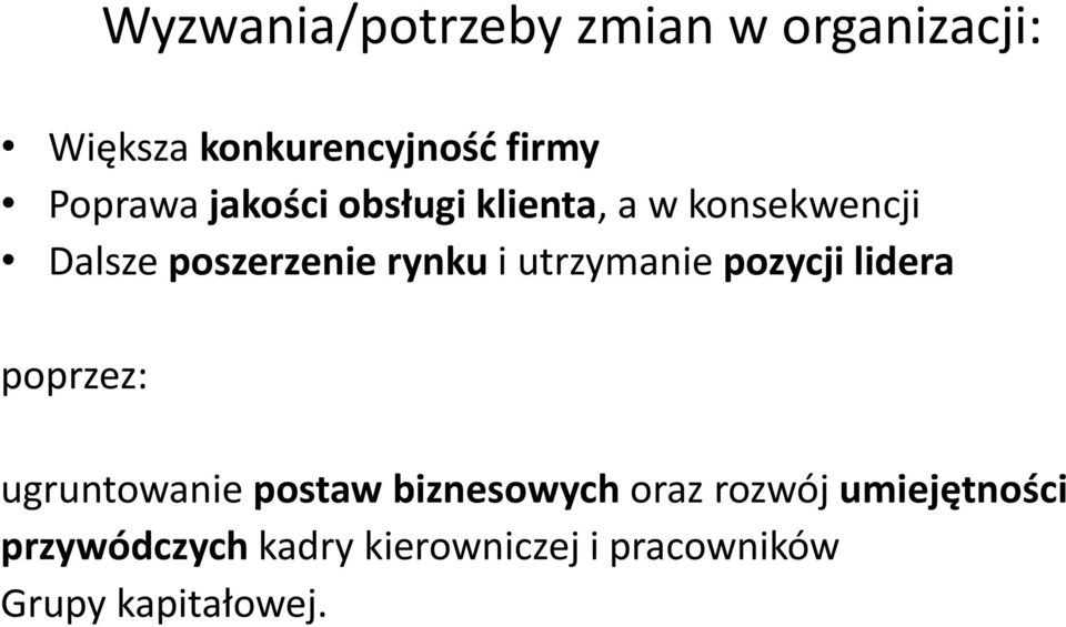 i utrzymanie pozycji lidera poprzez: ugruntowanie postaw biznesowych oraz