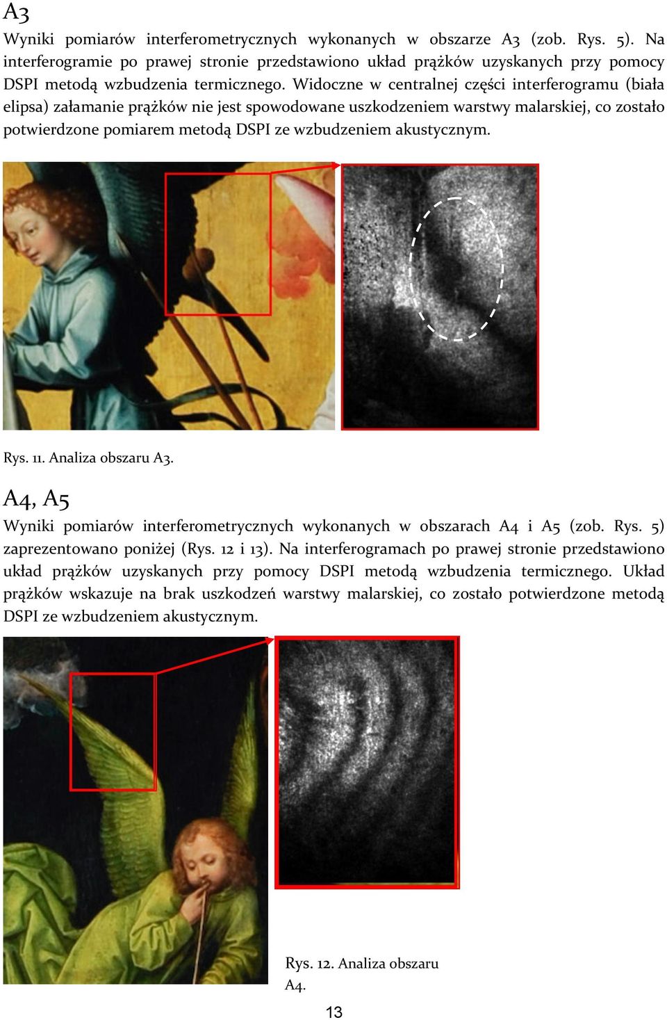Widoczne w centralnej części interferogramu (biała elipsa) załamanie prążków nie jest spowodowane uszkodzeniem warstwy malarskiej, co zostało potwierdzone pomiarem metodą DSPI ze wzbudzeniem