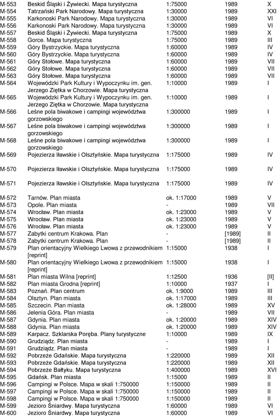 Mapa 1:60000 1989 IV M-561 Góry Stołowe. Mapa 1:60000 1989 VII M-562 Góry Stołowe. Mapa 1:60000 1989 VII M-563 Góry Stołowe. Mapa 1:60000 1989 VII M-564 Wojewódzki Park Kultury i Wypoczynku im. gen.