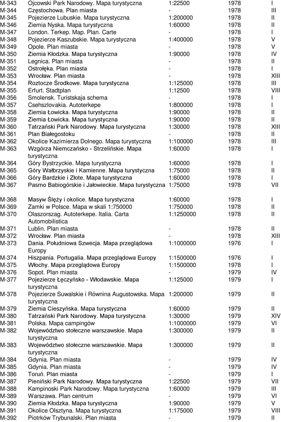 Plan miasta - 1978 II M-352 Ostrołęka. Plan miasta - 1978 I M-353 Wrocław. Plan miasta - 1978 XIII M-354 Roztocze Środkowe. Mapa 1:125000 1978 III M-355 Erfurt.