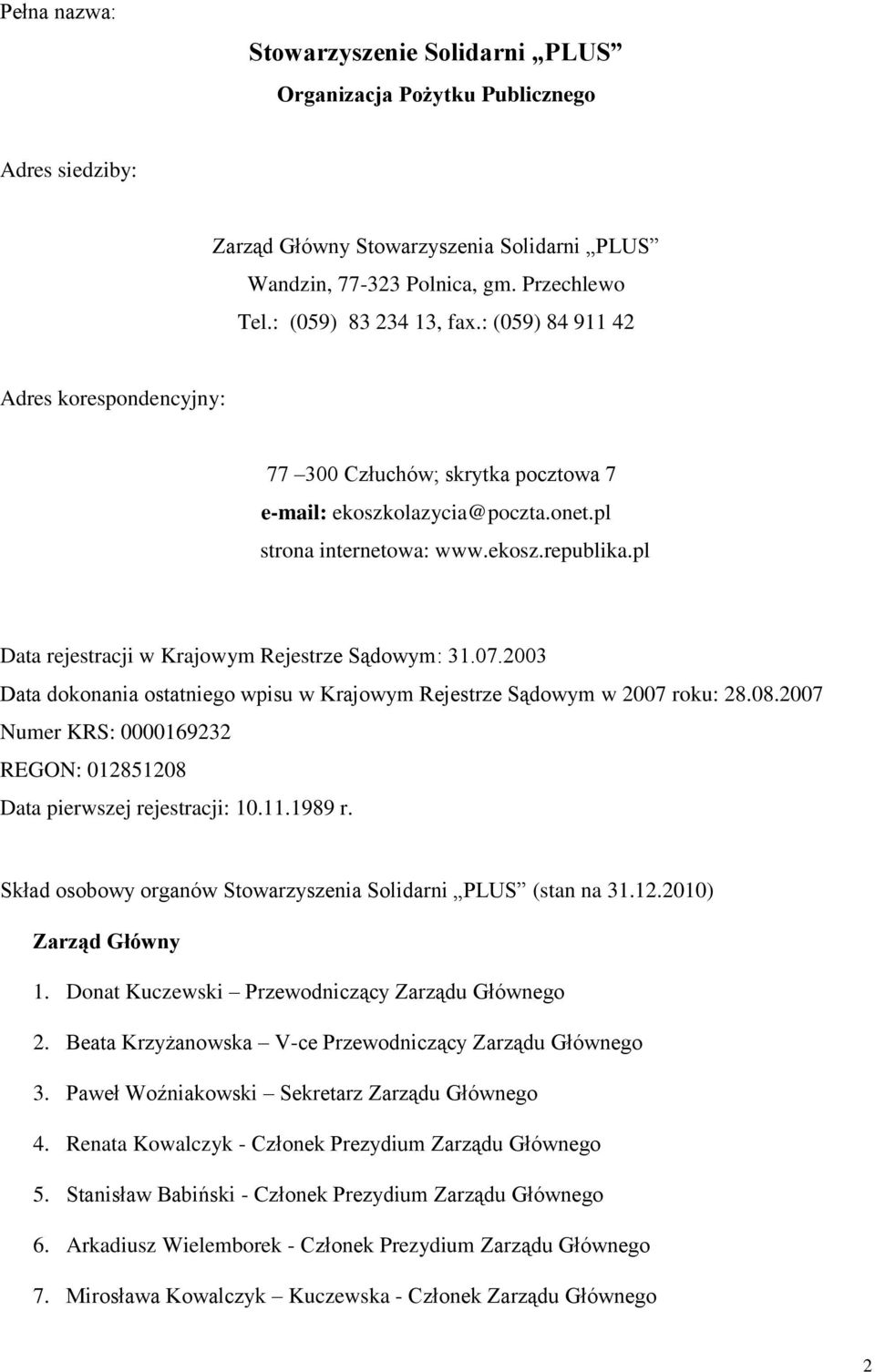 pl Data rejestracji w Krajowym Rejestrze Sądowym: 31.07.2003 Data dokonania ostatniego wpisu w Krajowym Rejestrze Sądowym w 2007 roku: 28.08.