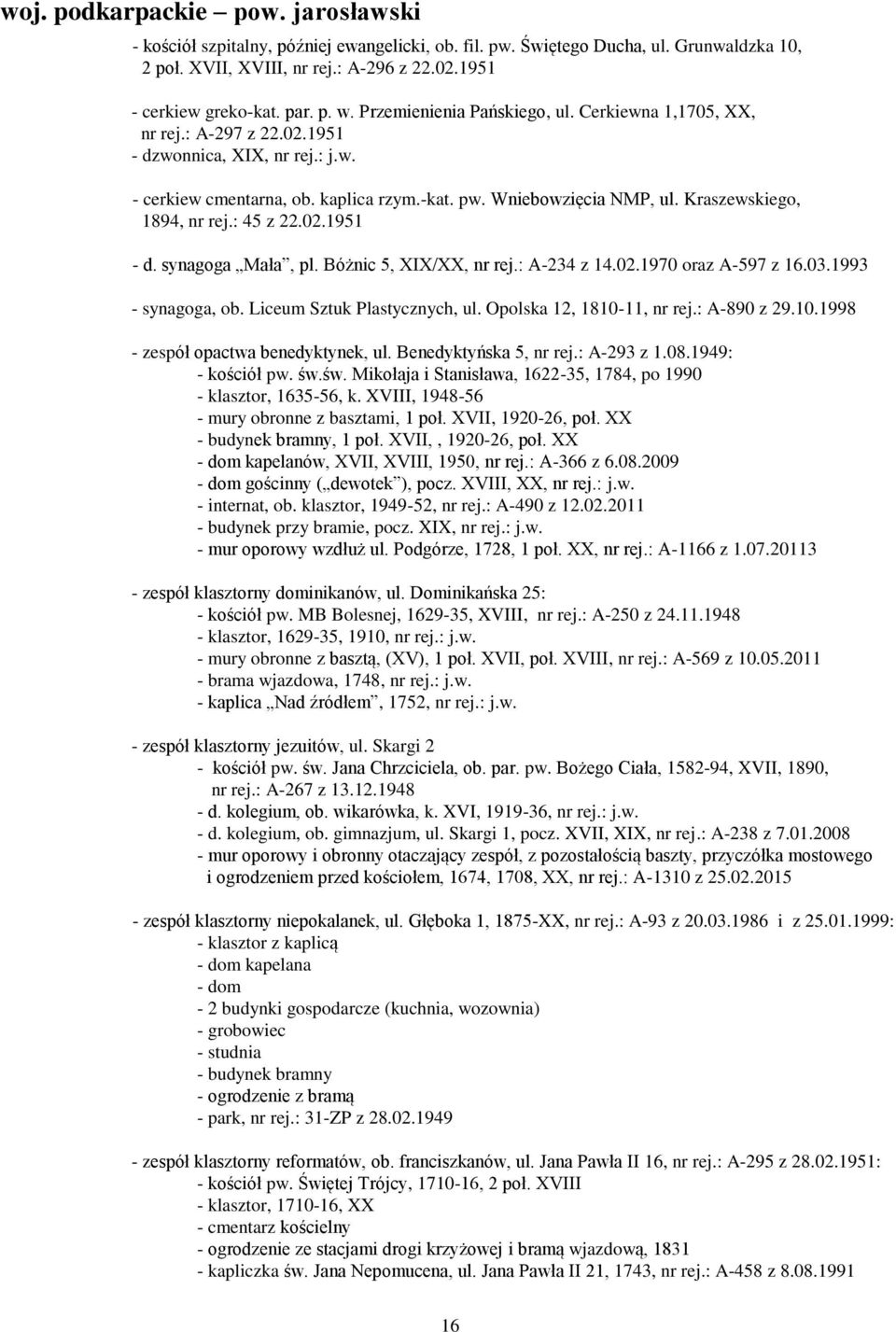 Kraszewskiego, 1894, nr rej.: 45 z 22.02.1951 - d. synagoga Mała, pl. Bóżnic 5, XIX/XX, nr rej.: A-234 z 14.02.1970 oraz A-597 z 16.03.1993 - synagoga, ob. Liceum Sztuk Plastycznych, ul.
