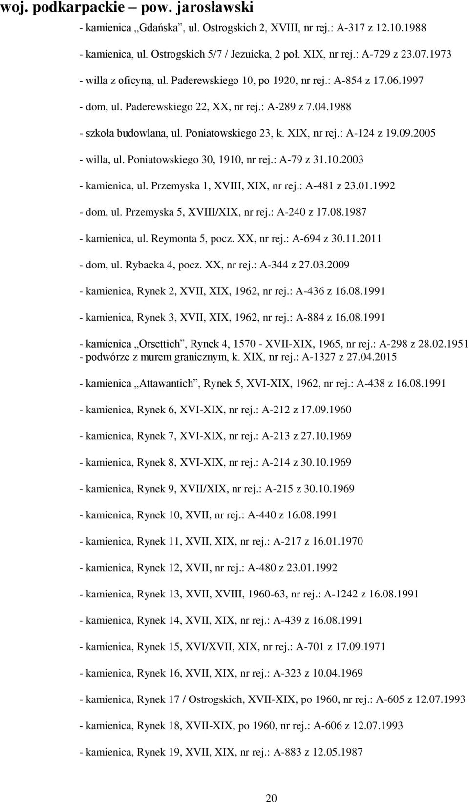 XIX, nr rej.: A-124 z 19.09.2005 - willa, ul. Poniatowskiego 30, 1910, nr rej.: A-79 z 31.10.2003 - kamienica, ul. Przemyska 1, XVIII, XIX, nr rej.: A-481 z 23.01.1992 - dom, ul.