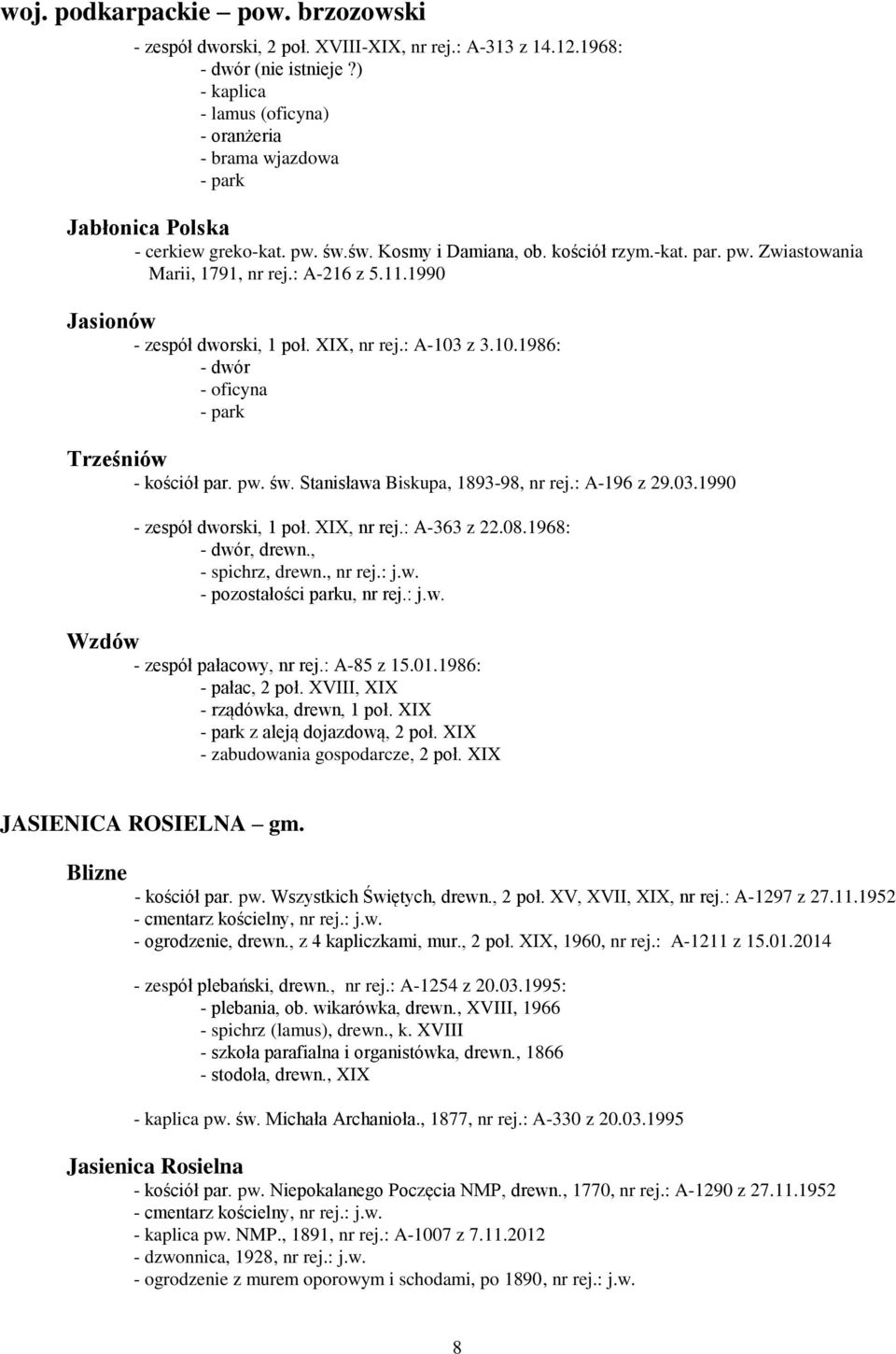 : A-216 z 5.11.1990 Jasionów - zespół dworski, 1 poł. XIX, nr rej.: A-103 z 3.10.1986: - dwór - oficyna Trześniów - kościół par. pw. św. Stanisława Biskupa, 1893-98, nr rej.: A-196 z 29.03.1990 - zespół dworski, 1 poł.