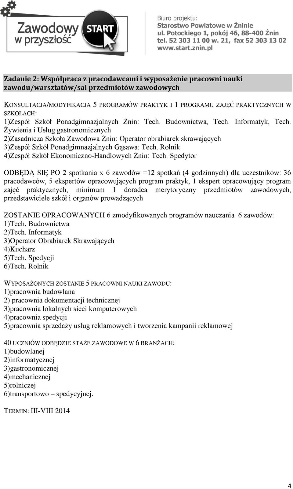 Żywienia i Usług gastronomicznych 2)Zasadnicza Szkoła Zawodowa Żnin: Operator obrabiarek skrawających 3)Zespół Szkół Ponadgimnazjalnych Gąsawa: Tech.